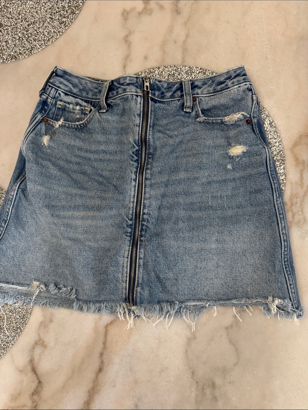 Abercrombie & Fitch Light Blue Distressed Zip-Front Denim Mini Skirt